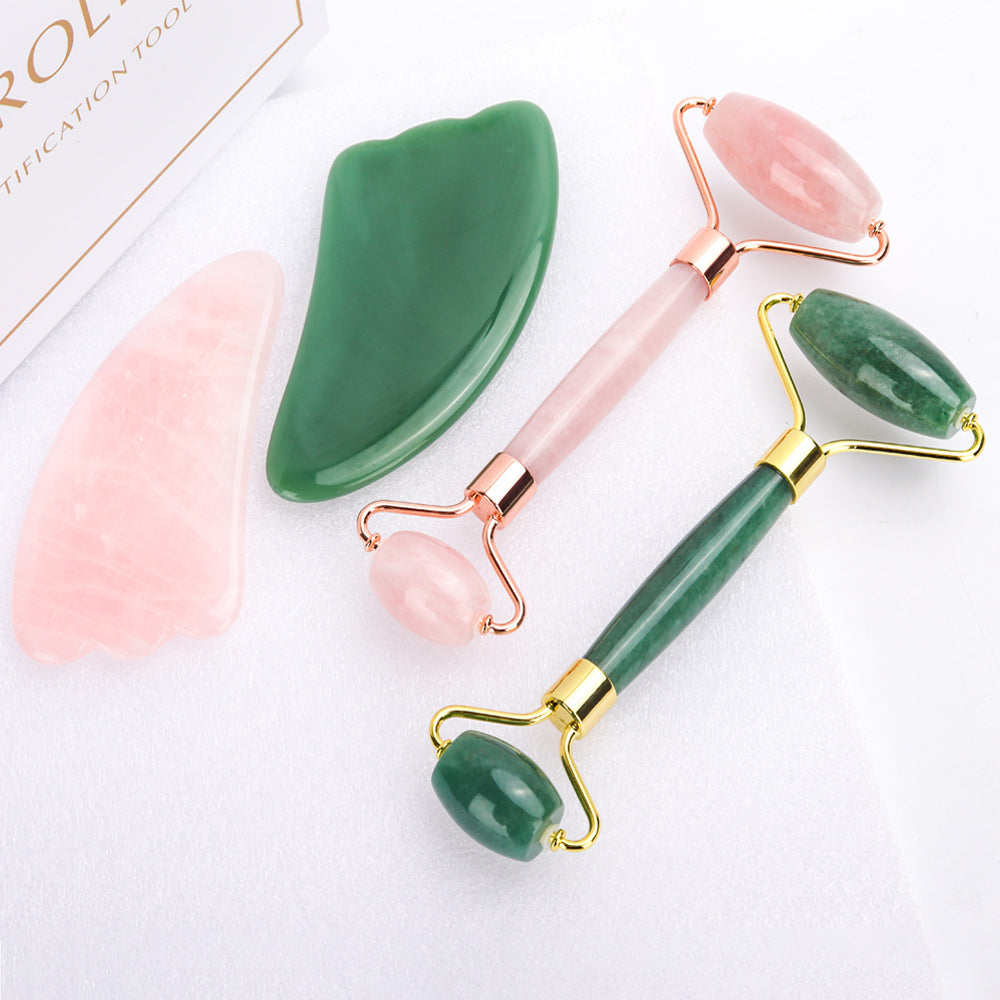 Rose Quartz Roller Slimming Face Massager Lifting Tool Natural Jade Facial Massage Roller Stone Skin Massage Beauty Care Set Box