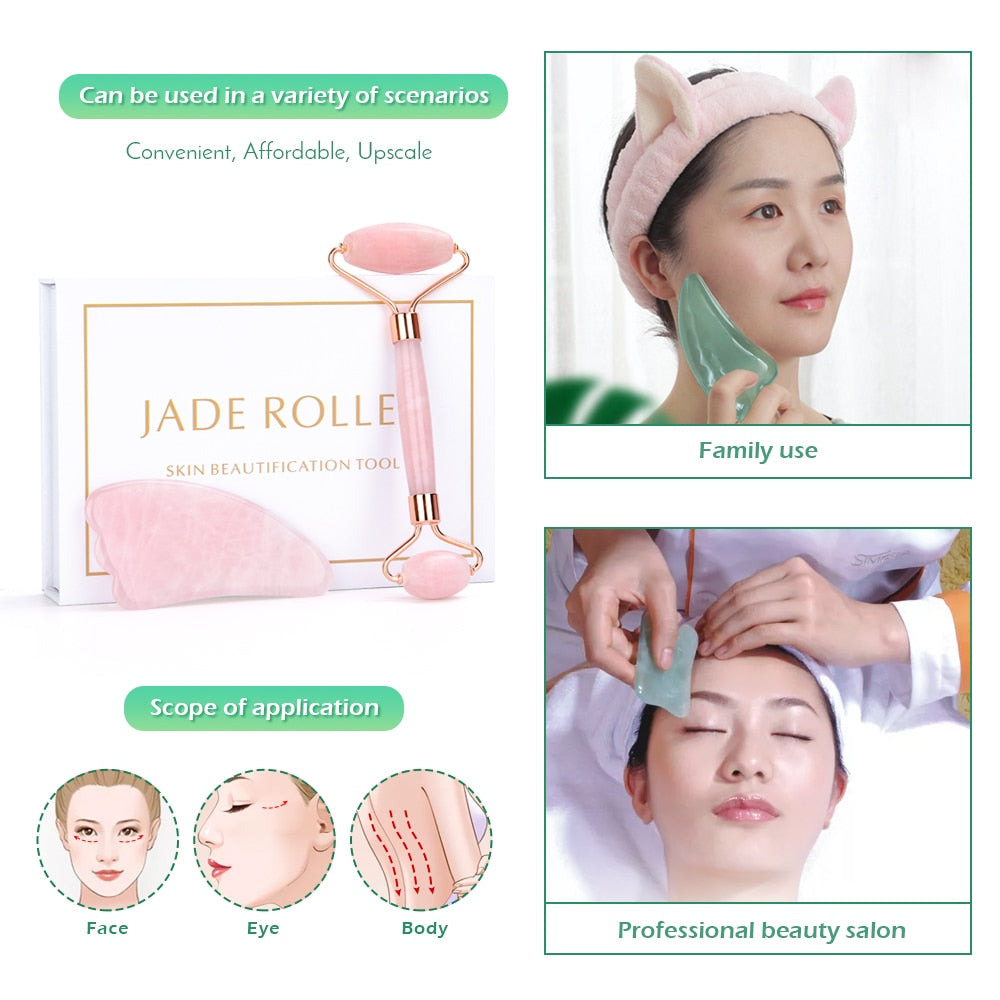 Rose Quartz Roller Slimming Face Massager Lifting Tool Natural Jade Facial Massage Roller Stone Skin Massage Beauty Care Set Box